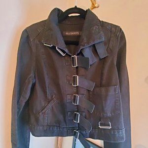 All Saints Black Denim Jacket with Straps & Buckles - Womens UK14/ US12 (RARE!)